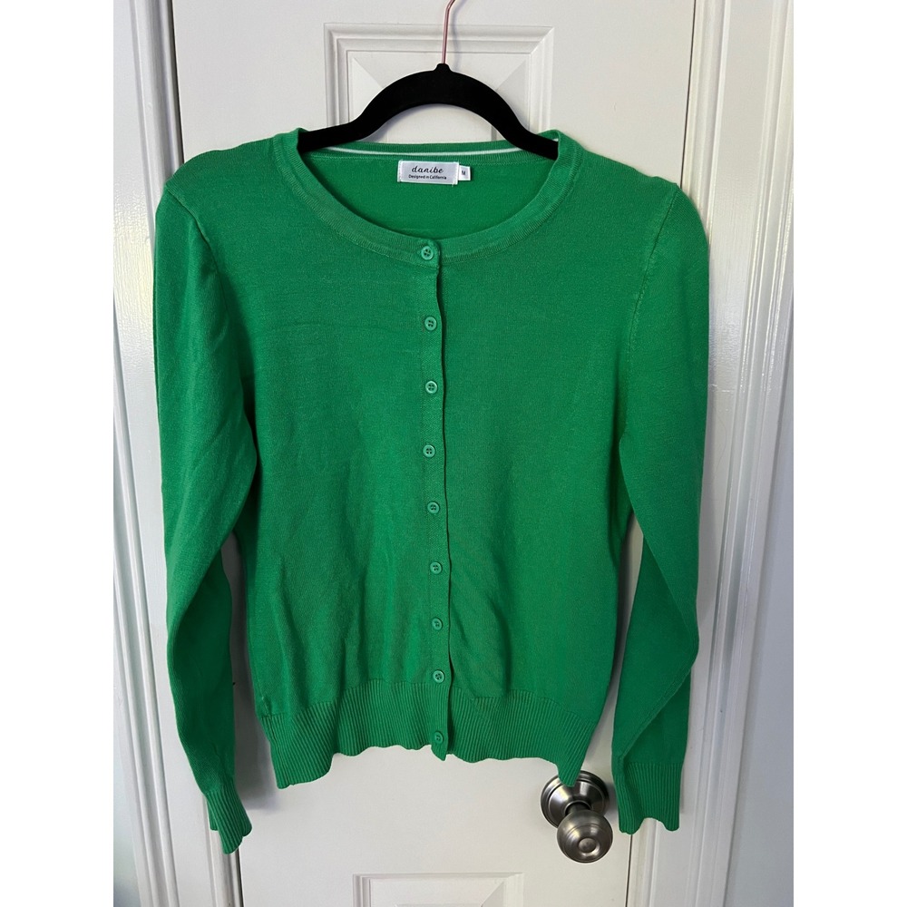 Danibe Womens Green Crew Neck Button Front Cardigan Sweater Size M RN158309
